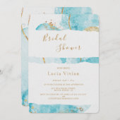ラグジュアリーブルー金ゴールドウォーターカラー抽象芸術ブライダルシャワー 招待状 (正面/裏面)