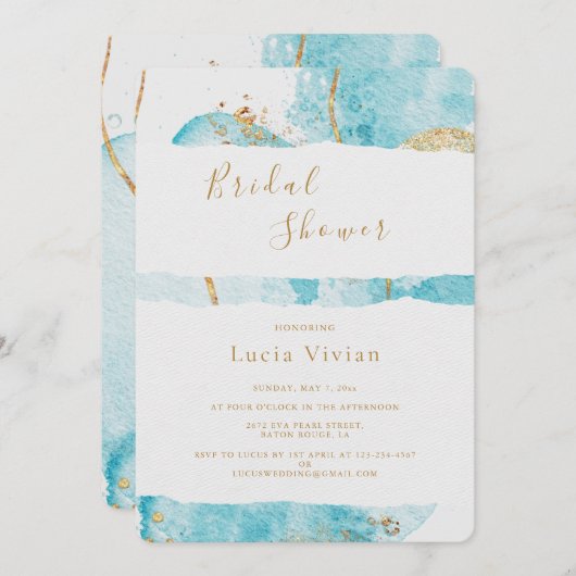 ラグジュアリーブルー金ゴールドウォーターカラー抽象芸術ブライダルシャワー 招待状 (正面/裏面)