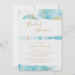 ラグジュアリーブルー金ゴールドウォーターカラー抽象芸術ブライダルシャワー 招待状