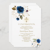 ラグジュアリーブルー金ゴールドフローラボーイ確認 招待状 (正面/裏面)