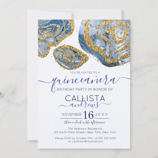 ラグジュアリーブルー金ゴールドマーブルアゲートグリッターキンセアニラ 招待状 (正面)