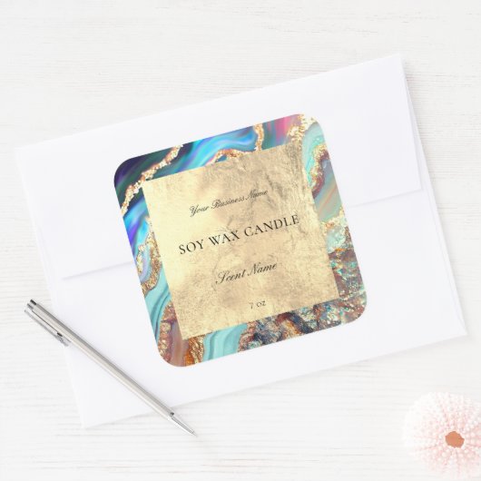 ラグジュアリーブルー金ゴールド大理石ジオードパターンキャンドル スクエアシール (封筒)