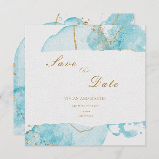 ラグジュアリーブルー金ゴールド水彩抽象芸術保存日 招待状 (正面/裏面)