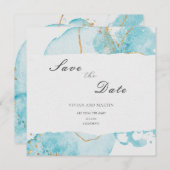 ラグジュアリーブルー金ゴールド水彩抽象芸術保存日 招待状 (正面/裏面)