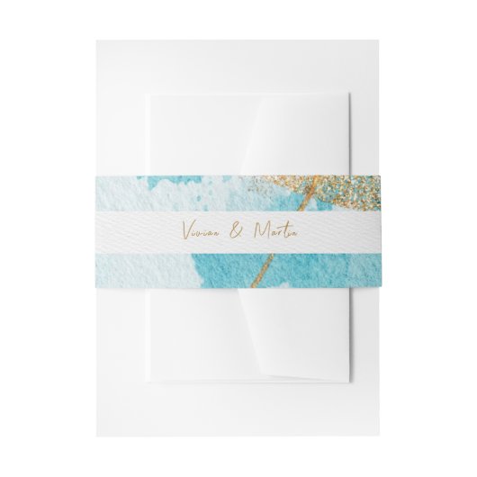 ラグジュアリーブルー&ゴールデンウォーターカラー抽象芸術 招待状ベリーバンド (正面例)