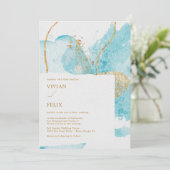 ラグジュアリーブルー&ゴールデンウォーターカラー結婚抽象芸術 招待状 (スタンド正面)