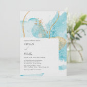 ラグジュアリーブルー&ゴールデンウォーターカラー結婚抽象芸術 招待状 (スタンド正面)