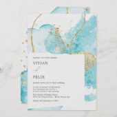 ラグジュアリーブルー&ゴールデンウォーターカラー結婚抽象芸術 招待状 (正面/裏面)