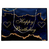 ラグジュアリーブルー&金ゴールドグリッターアゲートハッピーバースデー ラージペーパーバッグ (正面)