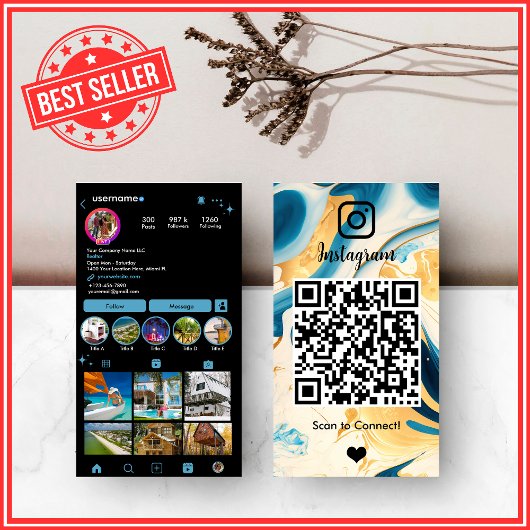 ラグジュアリーブルー&金ゴールドブラックインスタグラムマーブルゲートQR 名刺