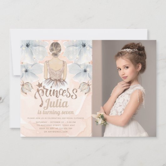 ラグジュアリープリンセスバースデーパーティフォトグリッター 招待状 (正面)