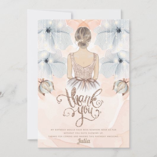 ラグジュアリープリンセスバースデーパーティベージュグリッター サンキューカード (正面)