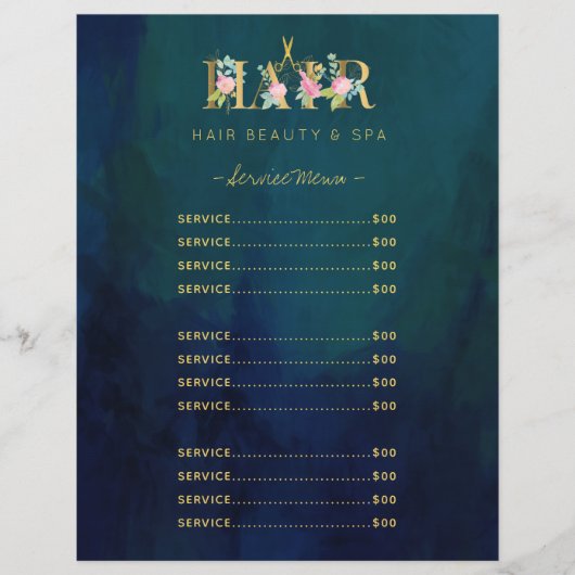 ラグジュアリーヘアサロンサービスヴィンテージネイビーメニューフライヤー (正面)