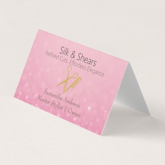 ラグジュアリーヘアスタジオビジネスカードピンクグリッター 名刺 (正面)