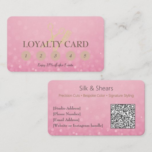 ラグジュアリーヘアスタジオ | ピンクのグリッターと金ゴールドロゴ – ロイヤリティカード (正面/裏面)