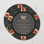 ラグジュアリーベガス金ゴールドトランプのポーカーチップ50誕生日 招待状 (正面/裏面)