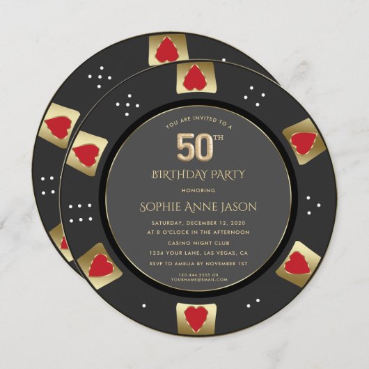 ラグジュアリーベガス金ゴールドトランプのポーカーチップ50誕生日 招待状 (正面/裏面)