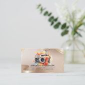 ラグジュアリーベージュと金ゴールドリボン | フラワーカメラ 名刺 (スタンド正面)