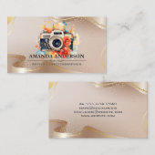 ラグジュアリーベージュと金ゴールドリボン | フラワーカメラ 名刺 (正面/裏面)