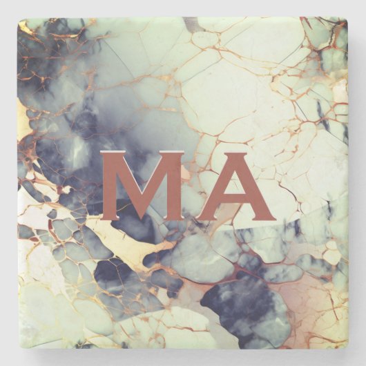 ラグジュアリーベージュフェイクネイビー金ゴールドグリッター大理石アート ストーンコースター (正面)