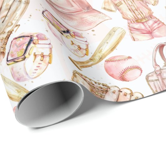 ラグジュアリーベースボールガール誕生日ピンク金ゴールド ラッピングペーパー (ロールコーナー)