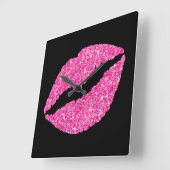 ラグジュアリーホットピンクグリッターリップオンブラック スクエア壁時計 (傾斜)