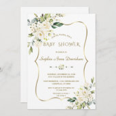 ラグジュアリーホワイトクリームフラワーズ金ゴールドベビーシャワー 招待状 (正面/裏面)