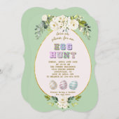 ラグジュアリーホワイトクリームフラワーズ金ゴールド卵狩りイースター 招待状 (正面/裏面)