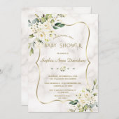 ラグジュアリーホワイトクリームフラワーズ金ゴールド大理石ベビーシャワー 招待状 (正面/裏面)