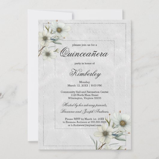 ラグジュアリーホワイトシルバーグリッターフローラキンセアニラ 招待状 (正面)