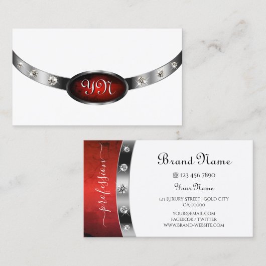 ラグジュアリーホワイトシルバーレッドマーブルラインフェイクストーン 名刺 (正面/裏面)