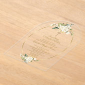 ラグジュアリーホワイトフラワーズファースト金ゴールド聖餐式 アクリル招待状 (レイダウン)