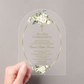 ラグジュアリーホワイトフラワーズファースト金ゴールド聖餐式 アクリル招待状 (インサイチュ (ポータブル))