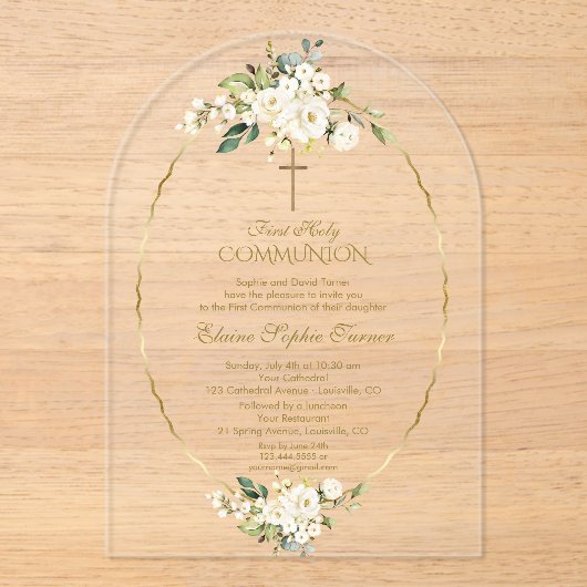 ラグジュアリーホワイトフラワーズファースト金ゴールド聖餐式 アクリル招待状 (正面)