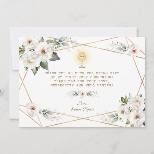 ラグジュアリーホワイトフラワーズファースト金ゴールド聖餐式 サンキューカード (正面)