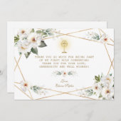 ラグジュアリーホワイトフラワーズファースト金ゴールド聖餐式 サンキューカード (正面/裏面)