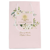 ラグジュアリーホワイトフラワーズファースト金ゴールド聖餐式 ミディアムペーパーバッグ (正面)