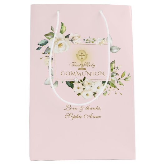 ラグジュアリーホワイトフラワーズファースト金ゴールド聖餐式 ミディアムペーパーバッグ (正面)