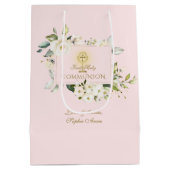 ラグジュアリーホワイトフラワーズファースト金ゴールド聖餐式 ミディアムペーパーバッグ (裏面)