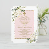 ラグジュアリーホワイトフラワーズファースト金ゴールド聖餐式 招待状 (スタンド正面)