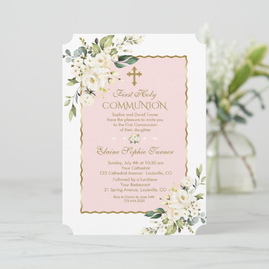 ラグジュアリーホワイトフラワーズファースト金ゴールド聖餐式 招待状 (スタンド正面)