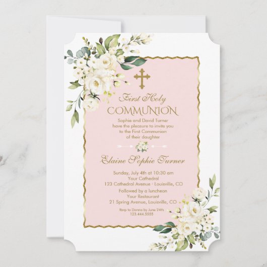 ラグジュアリーホワイトフラワーズファースト金ゴールド聖餐式 招待状 (正面)