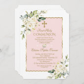 ラグジュアリーホワイトフラワーズファースト金ゴールド聖餐式 招待状 (正面/裏面)