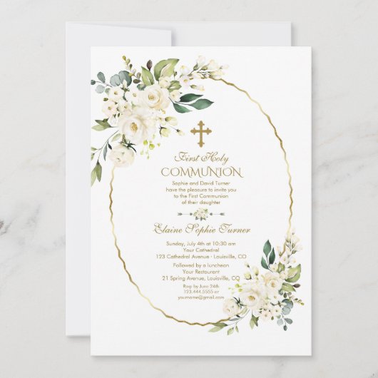 ラグジュアリーホワイトフラワーズファースト金ゴールド聖餐式 招待状 (正面)