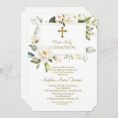 ラグジュアリーホワイトフラワーズファースト金ゴールド聖餐式 招待状 (正面/裏面)