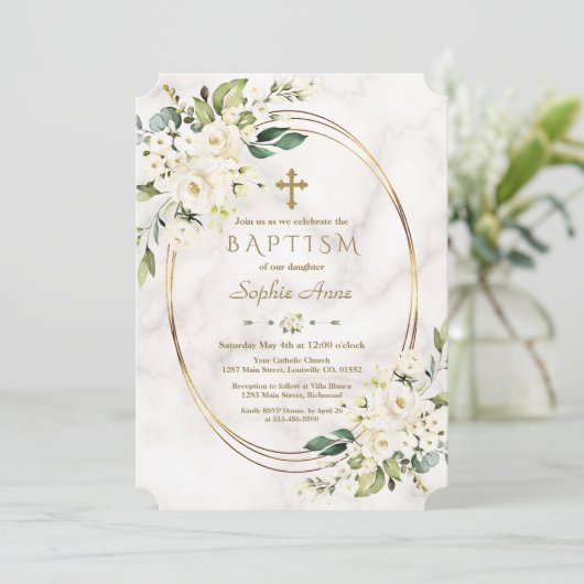 ラグジュアリーホワイトフラワーズマーブルー金ゴールドクロスバプテスマ 招待状 (スタンド正面)