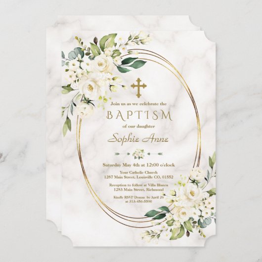 ラグジュアリーホワイトフラワーズマーブルー金ゴールドクロスバプテスマ 招待状 (正面/裏面)