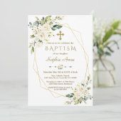 ラグジュアリーホワイトフラワーズ金ゴールドクロスフレームバプテスマ 招待状 (スタンド正面)