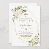 ラグジュアリーホワイトフラワーズ金ゴールドクロスフレームバプテスマ 招待状 (正面/裏面)