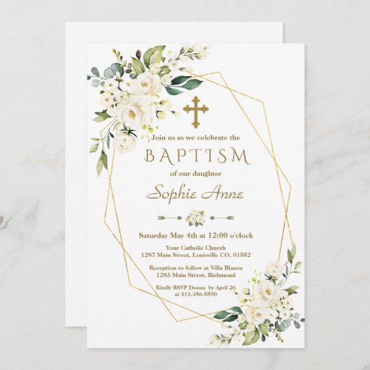 ラグジュアリーホワイトフラワーズ金ゴールドクロスフレームバプテスマ 招待状 (正面/裏面)